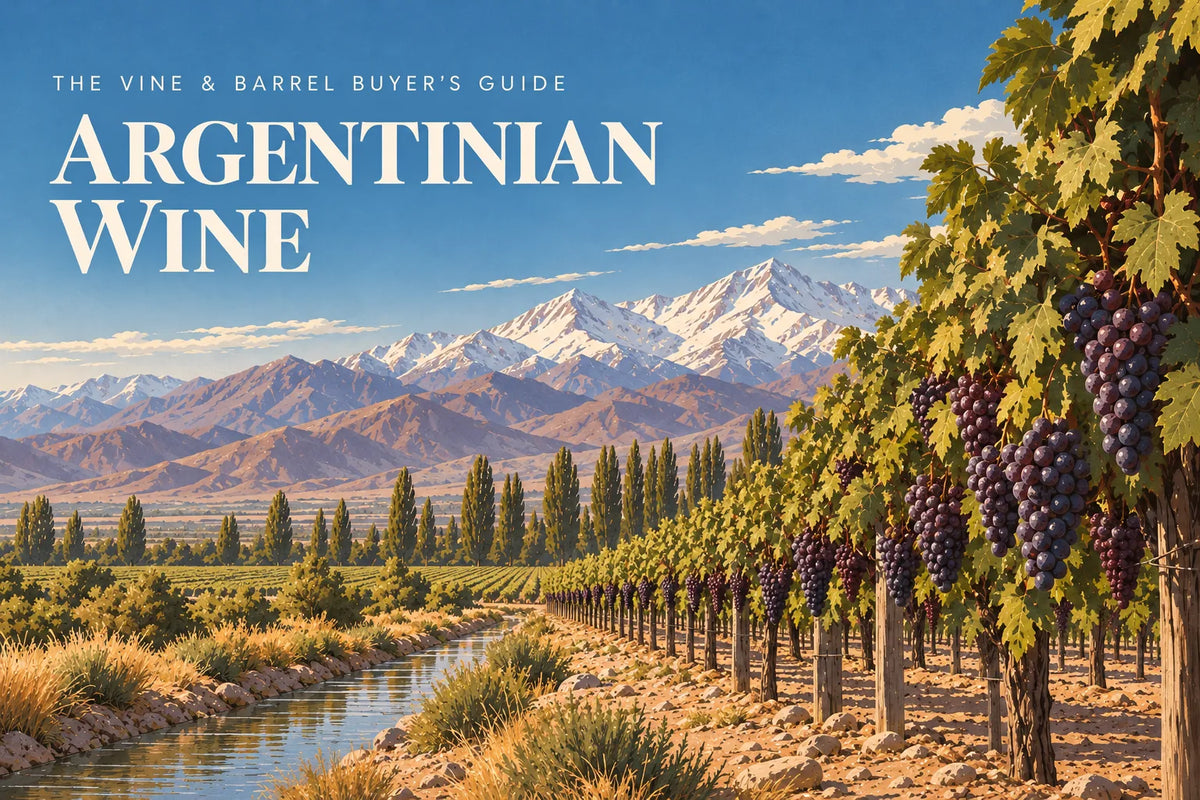 The Vine & Barrel Buyer's Guide: Argentinian Wine, with Malbec vineyards below the snow-capped Andes